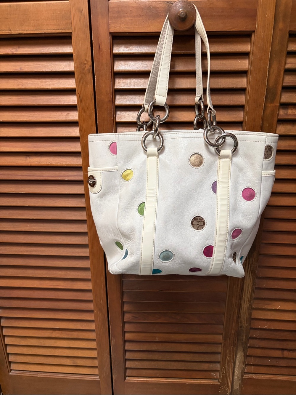 White Leather Tote with Colorful Polka Dot Accents